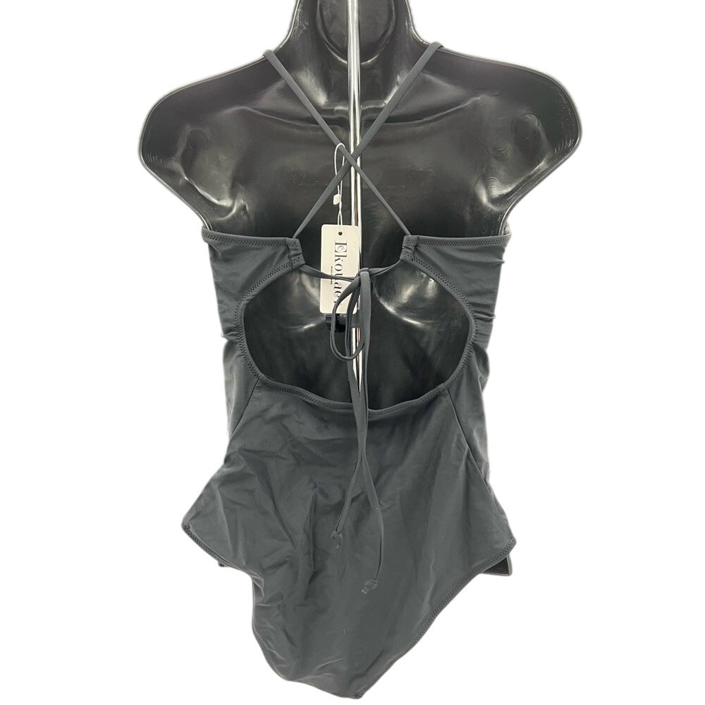 Ekouaer Womens Black One Piece Swimsuit V-Neck Lace Up Back Bodysuit NWT - Picture 5 of 13